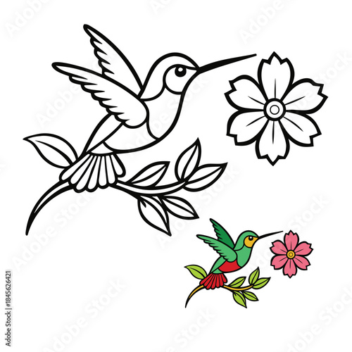 A delicate hummingbird hovers among blooming flowers, capturing nature’s charm in intricate lines, perfect for coloring and bringing this lively scene to life.

