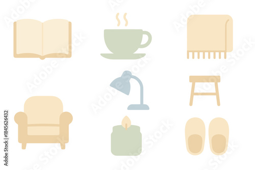 Cozy home items illustration set with chair, cup, and lamp