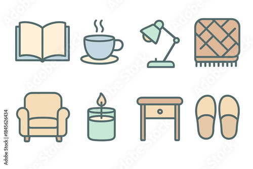 Cozy home essentials icons including lamp, book, and coffee cup