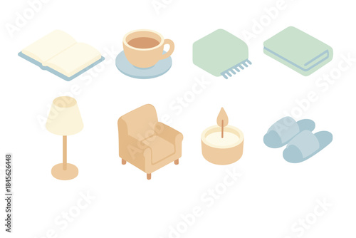 Cozy home essentials vector set with book, cup, and slippers