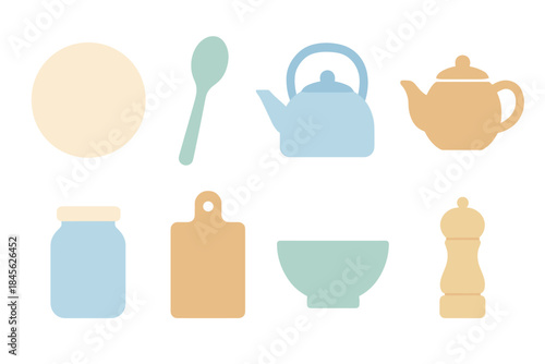Set of colorful kitchenware icons including teapot and spoon