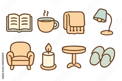Cozy home objects illustration with book, mug, lamp, and more