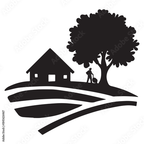  Rustic farm scene with a cabin large tree and farmer on rolling hills silhouette