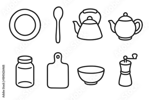 Kitchen utensil and cookware icon set in simple black and white style