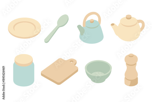 Isometric kitchen items illustration with utensils and appliances