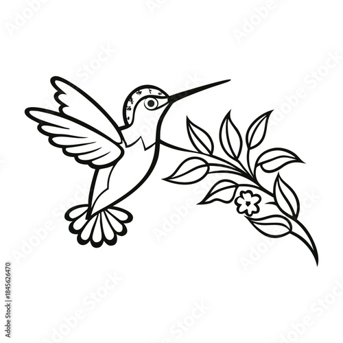 A delicate hummingbird hovers among blooming flowers, capturing nature’s charm in intricate lines, perfect for coloring and bringing this lively scene to life.
