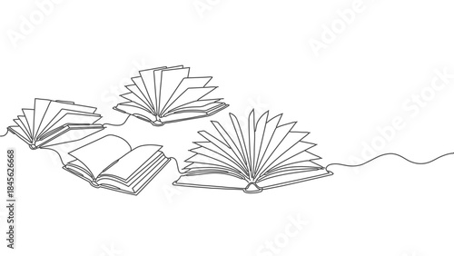 A continuous line drawing depicts four open books scattered across a white background, with pages fanning out.