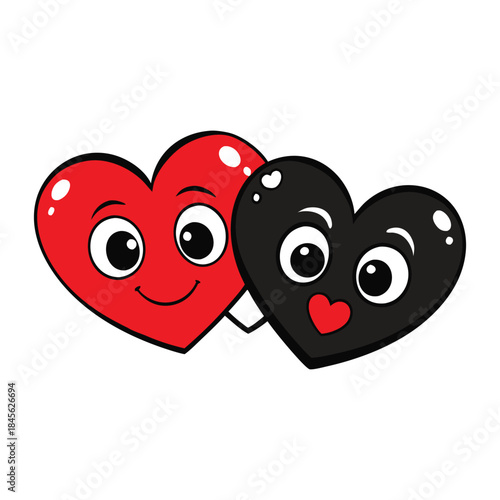 Two intertwined hearts, one red and one black, symbolizing love and passion with a hint of mystery, set against a simple, striking background.
