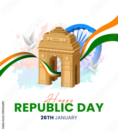 India Republic Day Greeting Design Featuring India Gate, Tricolor Ribbon and National Pride Theme