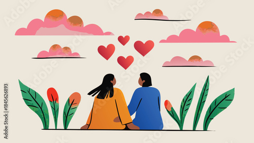 A loving couple sits together on the ground surrounded by vibrant flowers and pink clouds with hearts floating above them in a serene