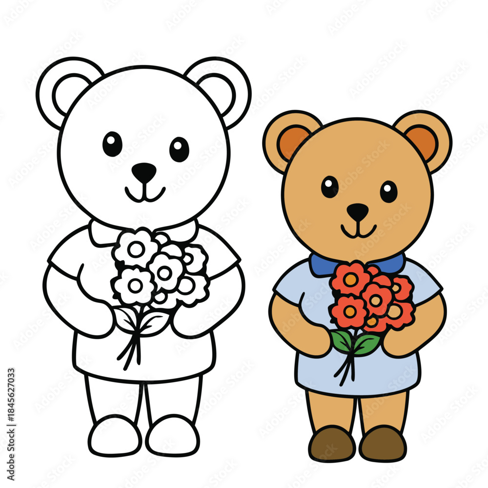 Obraz premium A cute teddy bear holding a lovely bouquet, ready to brighten your day. Perfect for coloring, with charming details and sweet floral touches to bring joy. 