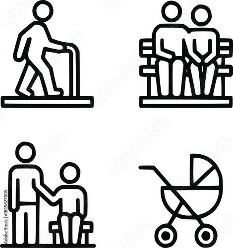 Age-Friendly City Outline Icon Set Inclusive and Accessible Urban Design Symbols