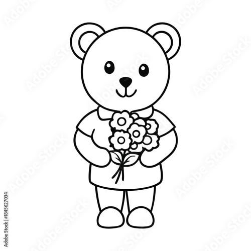 A cute teddy bear holding a lovely bouquet, ready to brighten your day. Perfect for coloring, with charming details and sweet floral touches to bring joy.
