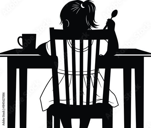 Child eating at table silhouette, kid having meal scene, childhood nutrition concept, daily routine illustration, isolated black figure