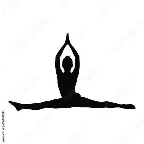 Black silhouette of a person in a full split yoga pose with hands clasped overhead flexibility