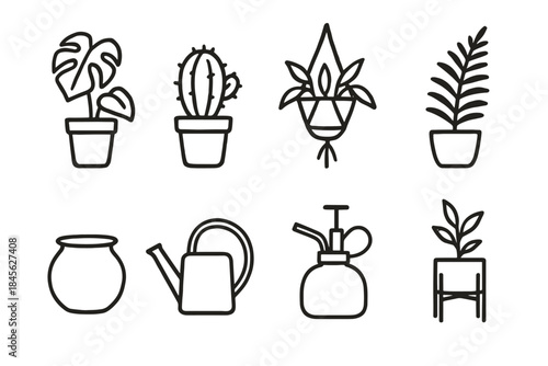 Collection of minimalist line icons of potted plants and gardening tools