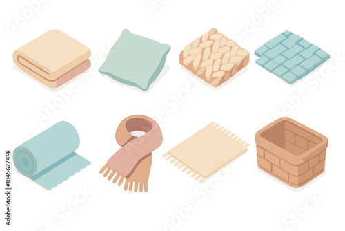 Set of cozy household textile items in pastel colors, vector illustration