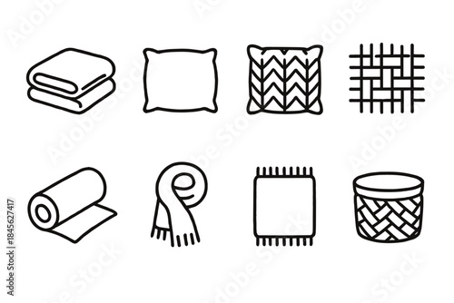 Line art icons of home textiles and decorative items
