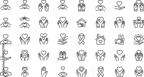 Hands heart care line icons set, showing love charity support healthcare compassion donation protection symbols minimal outline vector collection design.