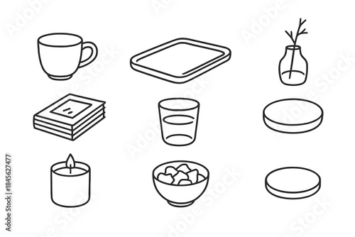 Minimalist line art icons of household items