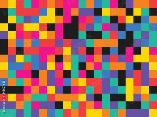 Vibrant colorful pixelated mosaic pattern with bright hues and blocks