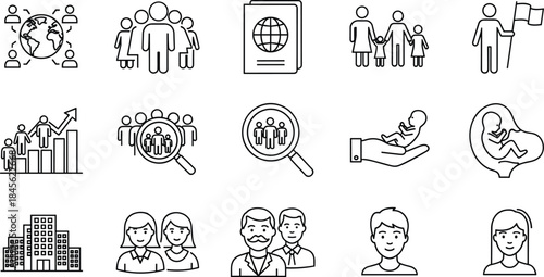 Business management, global logistics, solar energy, and cyber security line icon set featuring leadership, data protection, shipping, strategy, and teamwork.