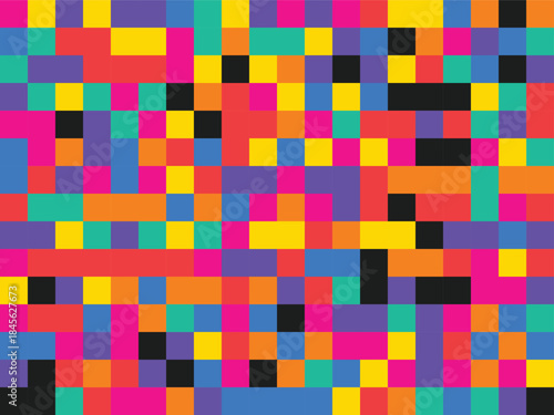 Vibrant colorful pixelated mosaic pattern with bright hues and blocks