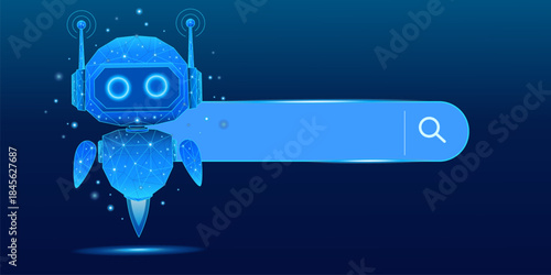 Futuristic AI robot pet with polygonal mesh design, floating next to an empty search bar with a glow effect, representing advanced search technology, big data processing, and digital automation