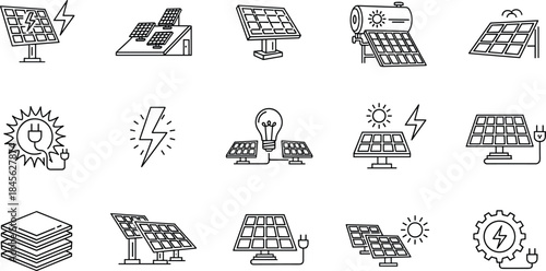 Business management, cyber security, global logistics, and solar energy icon set featuring leadership, data protection, shipping, strategy, and sustainable technology.