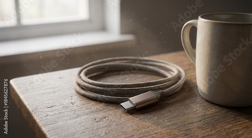 USB-C Cable and Coffee Mug on a Rustic Wooden Table by a Window.