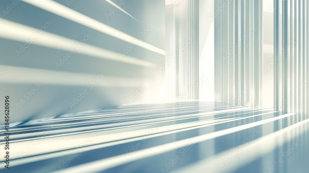 Obraz premium Minimalist modern interior with white columns and strong sunlight casting long parallel shadows across a reflective floor, highlighting clean geometric lines and serene space