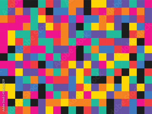 A colorful pixel art design featuring a mosaic of small squares in various bright hues, arranged in a seemingly random pattern, creating a lively and dynamic visual effect on a pure white background.
