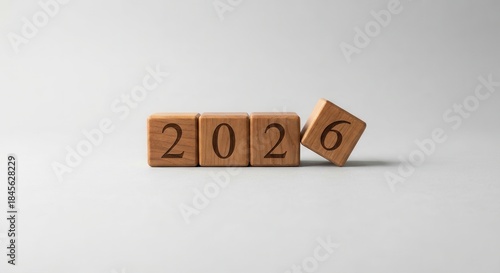 Wooden Blocks Spelling Out the Year 2026 on a White Background.