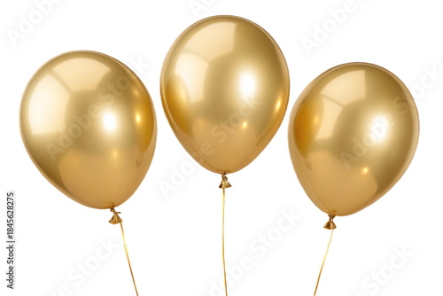Three glossy golden party balloons arranged closely together, symbolizing luxury, celebration, and happiness.