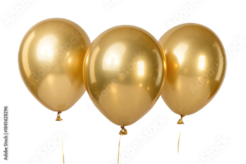 Three glossy golden party balloons arranged closely together, symbolizing luxury, celebration, and happiness.