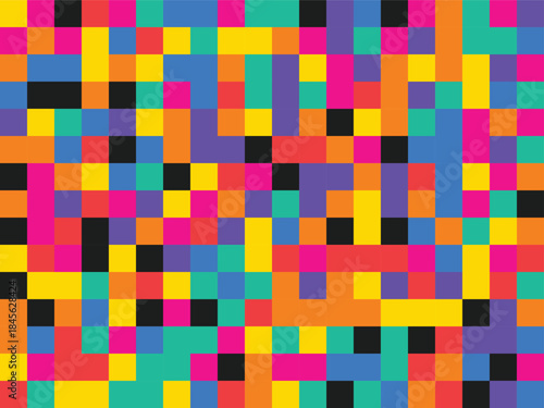 A colorful pixelated artwork featuring a mix of bright hues and bold colors in a square pattern, creating a lively and dynamic visual effect on a pure white background.