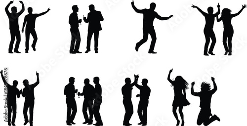Dancing people silhouettes collection, party celebration poses, happy crowd movement, nightlife energy, social event concept, isolated black figures