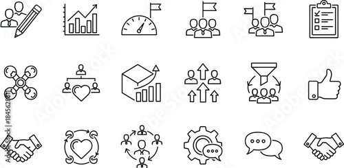 Business management and leadership line icon set featuring teamwork, growth charts, strategic planning, partnership handshakes, corporate communication, and professional success symbols.