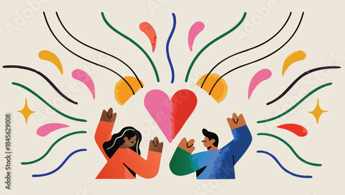 Diverse couple celebrating with hands up in joy, surrounded by colorful confetti and heart, symbolizing love and happiness