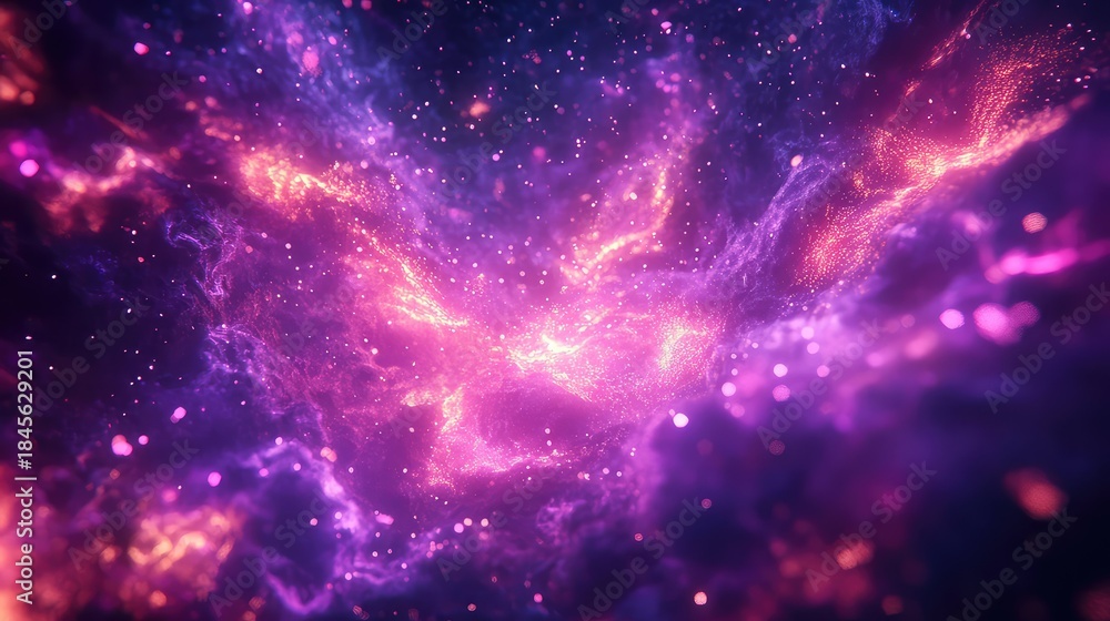 Obraz premium Cosmic nebula of glowing purple, pink and blue gas and dust with sparkling stardust and energy particles, vibrant interstellar backdrop for science fiction and space themes