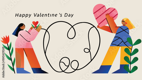 Two people holding hearts and flowers on valentine's day with decorative line art