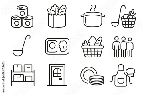 Groceries ladle kitchen queue icon soup vector boxes icons community donation plate