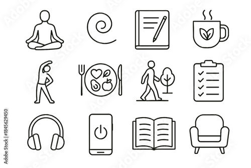 Phone vector exercise tea icon gratitude notebook pose mind music body reading
