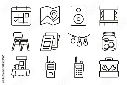 Event organization volunteer sound refreshment toolbox kiosk donation icons vector stack lights