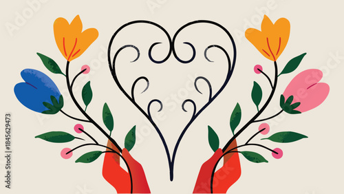 Colorful floral heart design with hands holding stems and vibrant flowers on a soft background