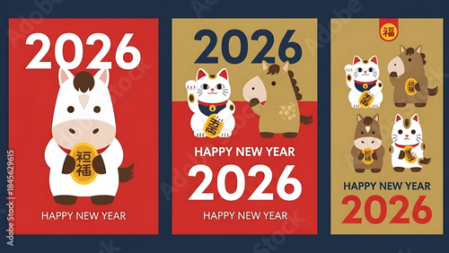 Japanese New Year 2026 Vector Illustration Set – Year of the Horse, Traditional Decorations, Greeting Cards and Seasonal Elements
