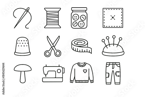 Vector sustainable jar fabric machine icons thread pin mushroom cushion icon sweater