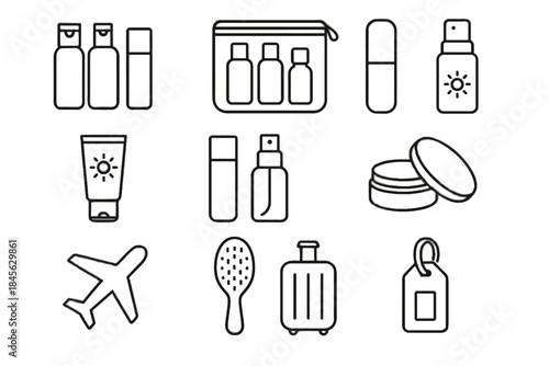 Toothbrush bag skincare spray icon vector tin case tube tag travel icons