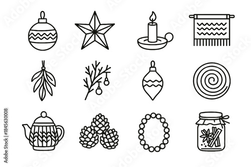 Icons woolen garland ceramic mat pinecone paper simple ornament vector holiday minimalist
