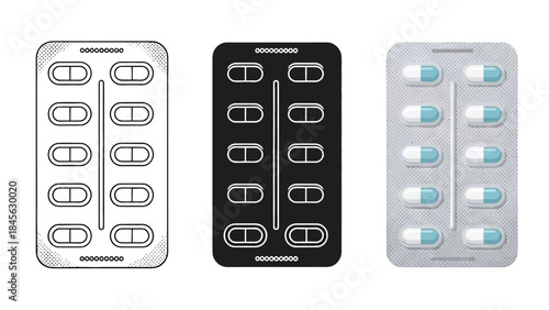 Pill Packaging Designs Set in Three Styles — Line Art, Silhouette and Color Version